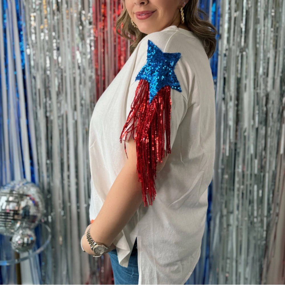 White Top with Red and Blue Fringe Accents for 4th of July!